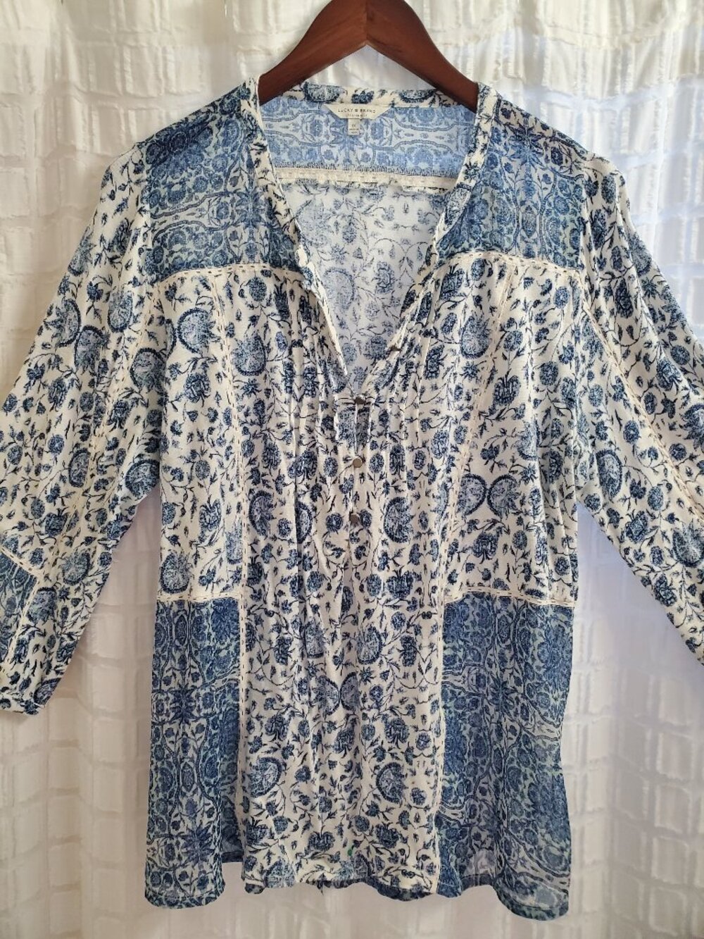 Lucky Brand Blue & Cream Floral Patchwork Peasant Blouse